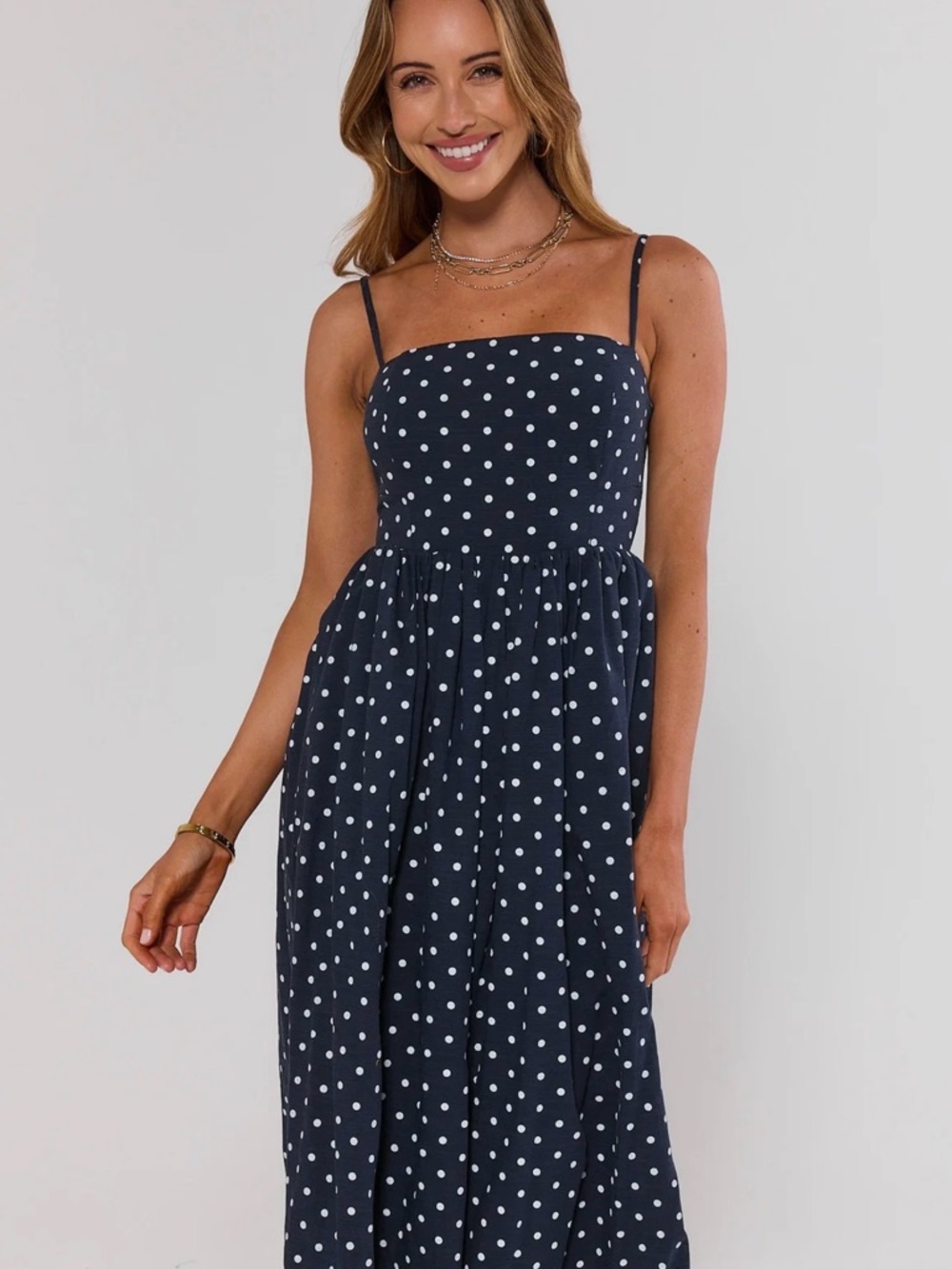 Navy Polka Dot Spaghetti-Strap Midi Dress